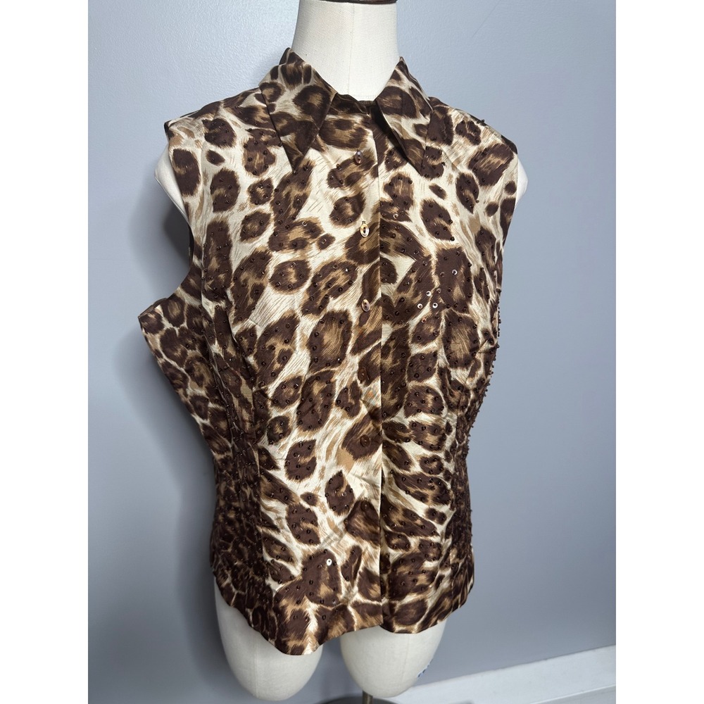 ICE Vintage Silk Leopard Print Sleeveless Blouse Sequin Beaded Button Top Large